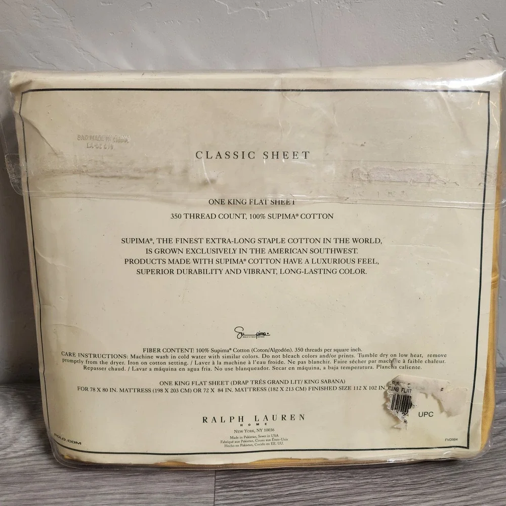 Lauren Ralph Lauren Yellow Flat Sheet King Classic 350 Thread Count Cotton Solid